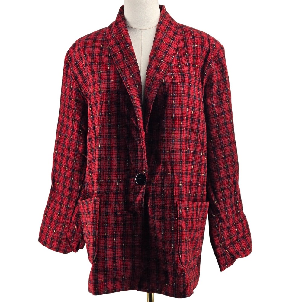 IVY KORAI Blazer Womens S Red Wool Blend Tweed Lined Shawl One-Button Jacket
